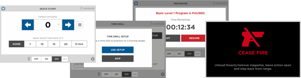 High-fidelity mockups of redesigned touchscreen interface for a firearms training system, with clean controls and visual feedback.