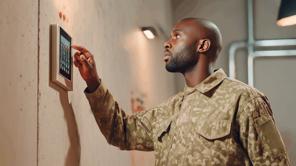 Servicemember interacting with a wall-mounted touchscreen control panel in a high-tech, safety-critical control room, emphasizing fast decision-making and clear UX.