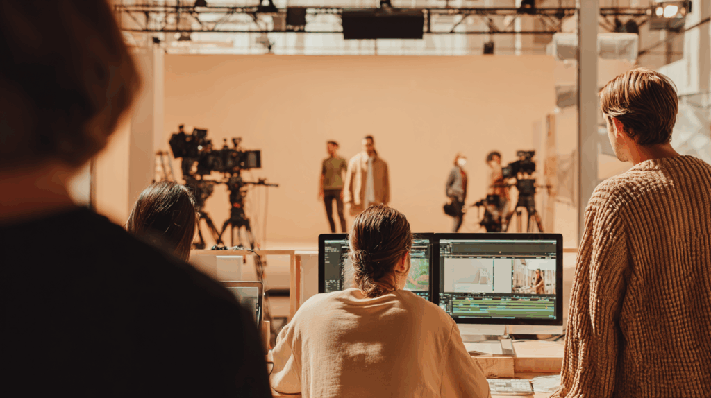 Visual effects artists on a film set collaborating on a dark-themed post-production UI with timelines on screen, surrounded by cameras and active filming in the background.