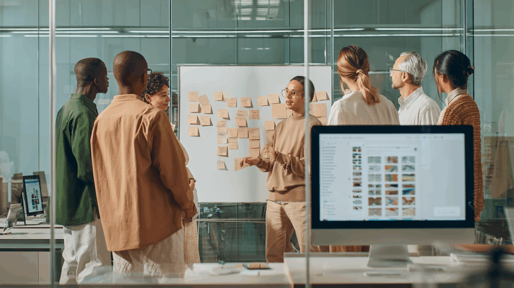 Designers and developers reviewing a Figma-based component library in a collaborative workspace with whiteboards and sticky notes, highlighting a modern design systems workflow.