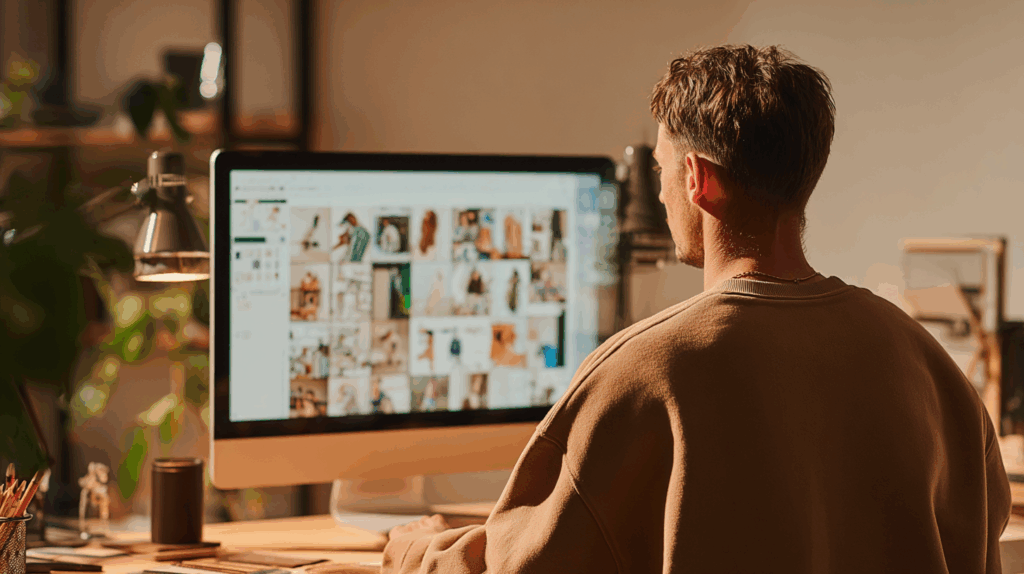 Film editors using an AI-powered visual search interface to filter thousands of movie images in a modern post-production workspace.