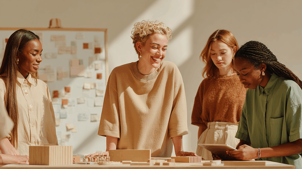 Designers exploring innovative interface prototypes in a bright, playful studio with whiteboards and sketches, highlighting inclusive and imaginative product design.
